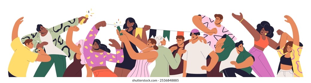 Happy crowd dances at the Birthday party banner. Cheerful people celebrate holiday together. Group of friends moves by music, has fun at festive event. Flat isolated vector illustration on white