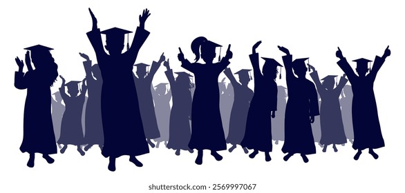 Happy crowd of graduates children in full growth, in mantles and square academic caps. Cheerful people silhouette. Graduation ceremony. Vector  illustration.