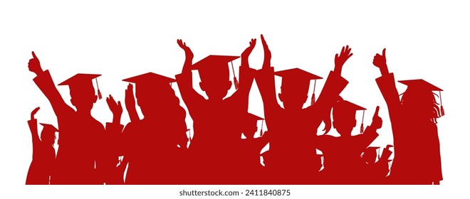 Happy crowd of graduates children in square academic caps. Cheerful people silhouette. Graduation ceremony. Vector  illustration.