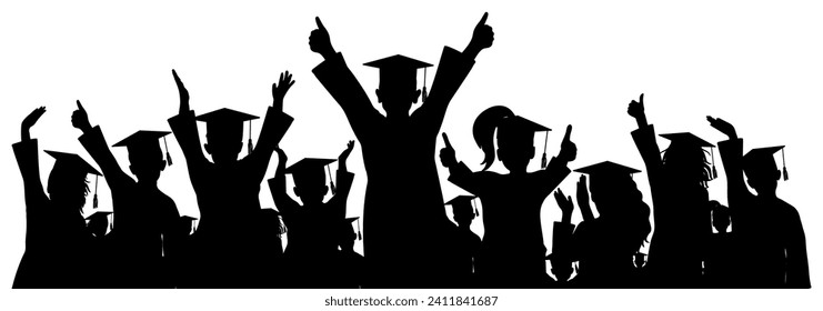 Happy crowd of graduates children in square academic caps. Cheerful people silhouette. Graduation ceremony. Vector  illustration.