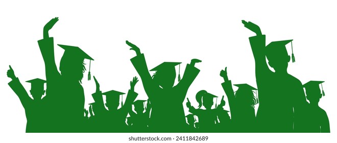 Happy crowd of graduates children in square academic caps. Cheerful people silhouette. Graduation ceremony. Vector  illustration.