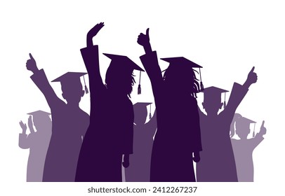 Happy crowd of graduates children in square academic caps. Cheerful people silhouette. Graduation ceremony. Vector  illustration.