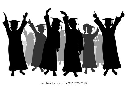 Happy crowd of graduates children in square academic caps. Cheerful people silhouette. Graduation ceremony. Vector  illustration.