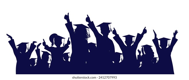 Happy crowd of graduates children in square academic caps. Cheerful people silhouette. Graduation ceremony. Vector  illustration.