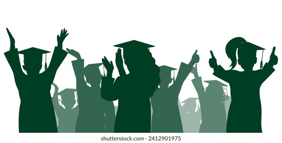 Happy crowd of graduates children in square academic caps. Cheerful people silhouette. Graduation ceremony. Vector  illustration.