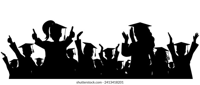 Happy crowd of graduates children in square academic caps. Cheerful people silhouette. Graduation ceremony. Vector  illustration.