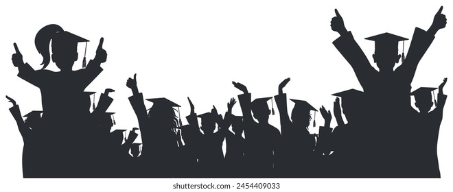 Happy crowd of graduates children in square academic caps. Cheerful people silhouette. Graduation ceremony. Vector  illustration.