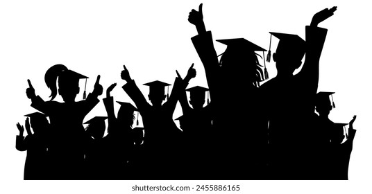 Happy crowd of graduates children in square academic caps. Cheerful people silhouette. Graduation ceremony. Vector  illustration.