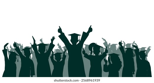 Happy crowd of graduates children in square academic caps. Cheerful people silhouette. Graduation ceremony. Vector  illustration.