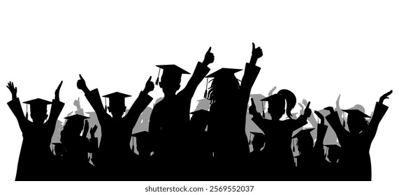 Happy crowd of graduates children in square academic caps. Cheerful people silhouette. Graduation ceremony. Vector  illustration.