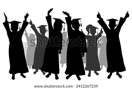 Happy crowd of graduates children in square academic caps. Cheerful people silhouette. Graduation ceremony. Vector  illustration.