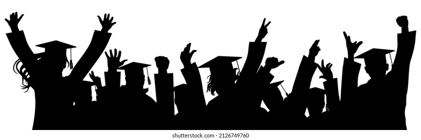 Happy crowd of graduates in square academic caps. Cheerful people silhouette. Vector  illustration. 
