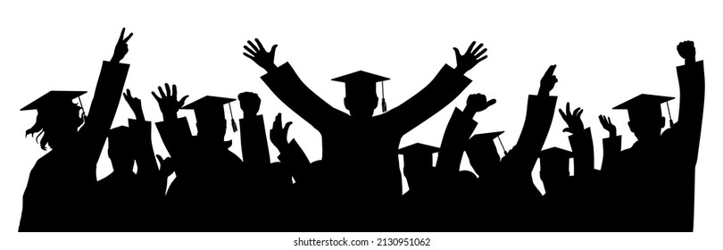 Happy crowd of graduates in square academic caps. Cheerful people silhouette. Vector  illustration.