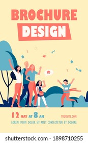 Happy crowd greeting little winner of racing. Fun, running, support flat vector illustration. Competition and childhood concept for banner, website design or landing web page