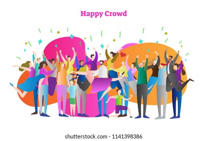 Happy crowd vector illustration. Man, woman, girl and boy with raised hands celebrate victory or win. Human mass jumping from happiness at excited confetti party. Adult with casual suit and dress.