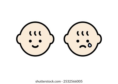 Happy and crying baby head icon. Healthcare, childcare, mood, newborn concepts. Colored outline people character vector design isolated illustration.