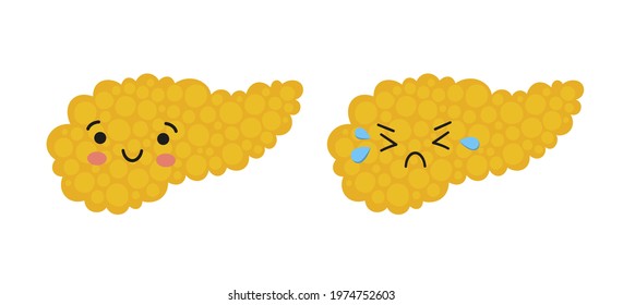 Happy and crying kawaii character of pancreas. Drawing of health and sick pancreas. Isolated vector illustration on white background.