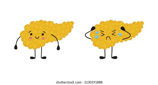 Happy and crying kawaii character of pancreas. Drawing of health and sick pancreas. Isolated vector illustration on white background.