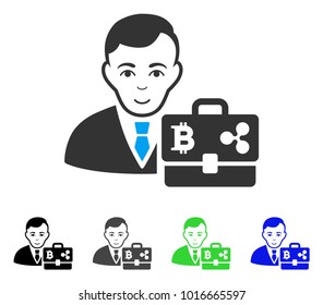 Happy Cryptocurrency Accounter vector pictogram. Vector illustration style is a flat iconic cryptocurrency accounter symbol with grey, black, blue, green color variants. Human face has joy emotions.