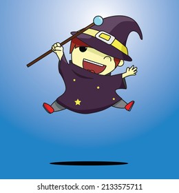 Happy cubby wizard holding a magic wand vector illustration