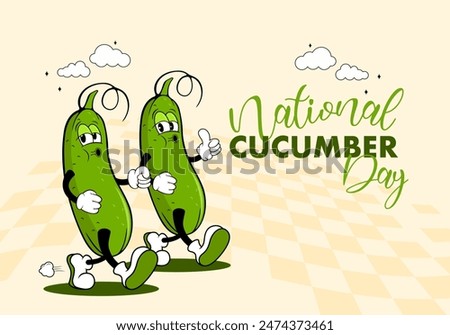 happy cucumber day vector illustration design, funny cucumber character in retro rubber hose style, national cucumber day, cartoon character cucumber