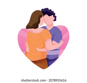 Happy cuddle up day. Man hugging embracing woman. Cute young romantic couple in love cuddling isolated on love vector illustration background.