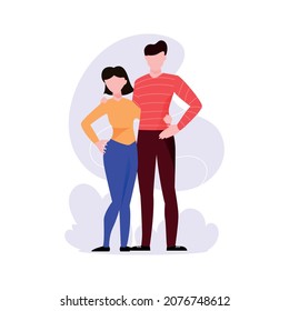 Happy cuddle up day. Happy young couple cuddling and hugging standing vector illustration background.