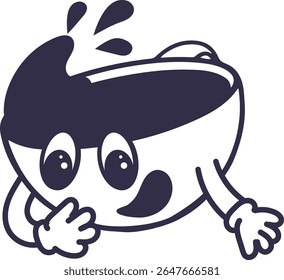 Happy cup of coffee with the splash. Comic character with emotional face. Eyes are widely opened,. One hand is touching the mouth. Sticker, print, template for decorative