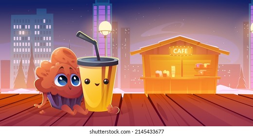 Happy cupcake and plastic cup friends cartoon characters at night street background with cafe stall. Cute muffin and coffee or tea drink with straw sit on wooden table or terrace Vector illustration