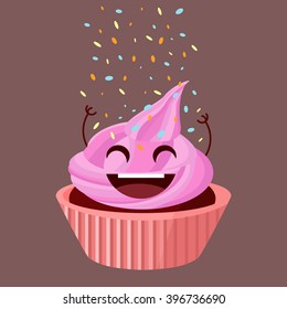 Happy cupcake  raised it's hands up  towards falling flakes