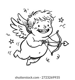 Cupido feliz con la flecha y el arco aislado niño gordito alado. Vector contorno Amur, estilo vintage, elemento de diseño doodle encantador.