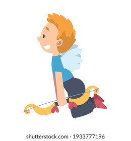 Happy Cupid Boy, Adorable Joyful Kid Angel Cherub with Wings Dressed Casual Clothes with Bow Cartoon Style Vector Illustration
