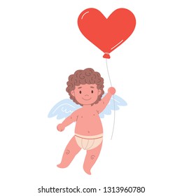 Happy  cupid character holding balloon in shape of heart . Flat isolated illustration 