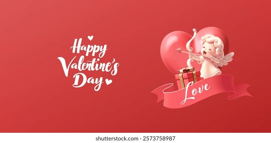 Happy Cupid, gift, heart, red ribbon, 3D. Modern happy red banner for Valentine's Day greetings, love, joy, and best gifts concepts. Vector