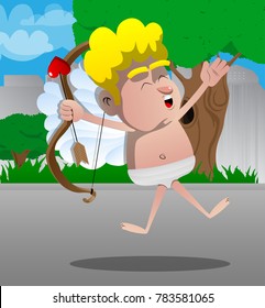 Happy Cupid jumping, with bow and arrow in his hand. Vector cartoon character illustration.