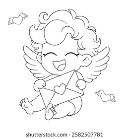Happy Cupid with Love Letter line art drawing