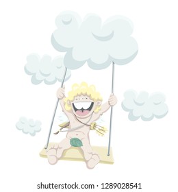 happy Cupid on the swing in clouds vector isolated