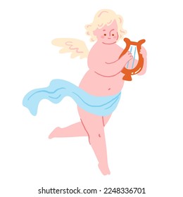Happy cupid playing a harp in trendy retro style. Flying cherub or angel holding a musical instrument. Isolated on white background.