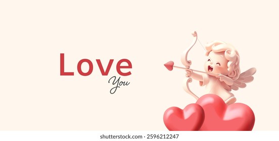Happy Cupid shoots a bow, heart, 3D. For concepts of couples in love, weddings, invitations, declarations of love. Modern banner. Vector