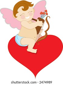 Happy Cupid Sitting on a Big Red Heart