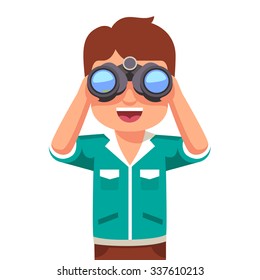 Happy and curious little boy kid looking through binoculars. Flat style vector illustration isolated on white background.