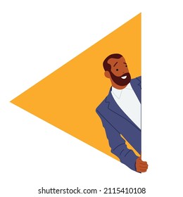 Happy Curious Man Peeking From Behind Wall with Yellow Rectangular Shape, Smiling African Male Character Peeping Out, Seeking, Spying, Curiosity Concept. Cartoon People Vector Illustration