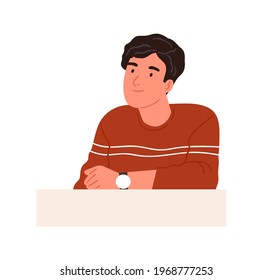 Happy Curious Person With Interested Face Looking At Smth, Sitting Behind Desk And Thinking. Smiling Friendly Man Listening Attentively. Colored Flat Vector Illustration Isolated On White Background
