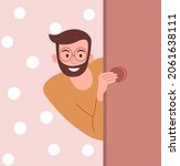 Happy curious person looking from behind door. Young man peeping, watching and spying on someone. Character looking for right room. Cartoon flat vector illustration isolated on pink background