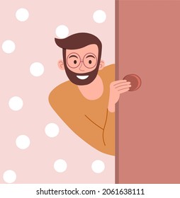 Happy curious person looking from behind door. Young man peeping, watching and spying on someone. Character looking for right room. Cartoon flat vector illustration isolated on pink background