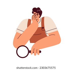 Happy curious person with magnifying glass, lens. Researcher with magnifier, explorer. Curiosity, interest, analysis concept. Student with loupe. Flat vector illustration isolated on white background