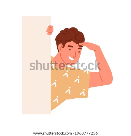 Happy curious person peeking from behind wall, peeping out and seeking for smth. Smiling man spying, monitoring and searching. Curiosity concept. Flat vector illustration isolated on white background