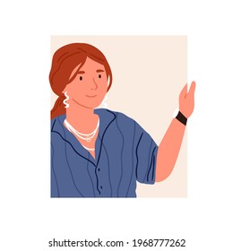 Happy curious person peeking and looking from behind square-shaped window. Portrait of young interested woman peeping out from hole, searching for smth. Flat vector illustration isolated on white