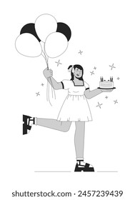 Mujer hindú curvy feliz en la fiesta de cumpleaños blanco y negro 2D línea de dibujos animados. Mujer india con sobrepeso en vacaciones aislado perfil de Vector persona. Ilustración plana monocroma de aniversario