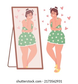 Happy Curvy Woman Looking In Mirror Semi Flat Color Vector Character. Editable Figure. Full Body Person On White. Body Positive Simple Cartoon Style Illustration For Web Graphic Design And Animation